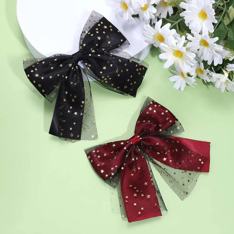 ncmama Fashion Glitter Star Hair Bows Clips Black Lace Bow Hairpins for Kids Girls New Year Hair Accessories Boutique Barrettes