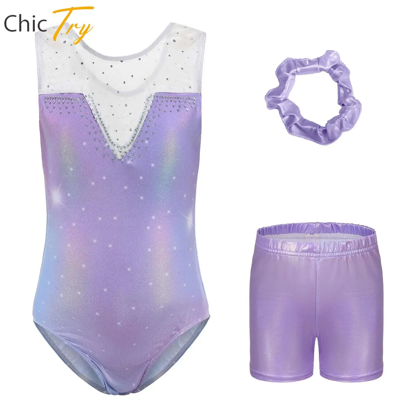 

Kid Girl Ballet Gymnastics Set Sleeveless Rhinestones Sheer Mesh Leotard with Shorts And Hairband Athletic Yoga Gym Dance Outfit