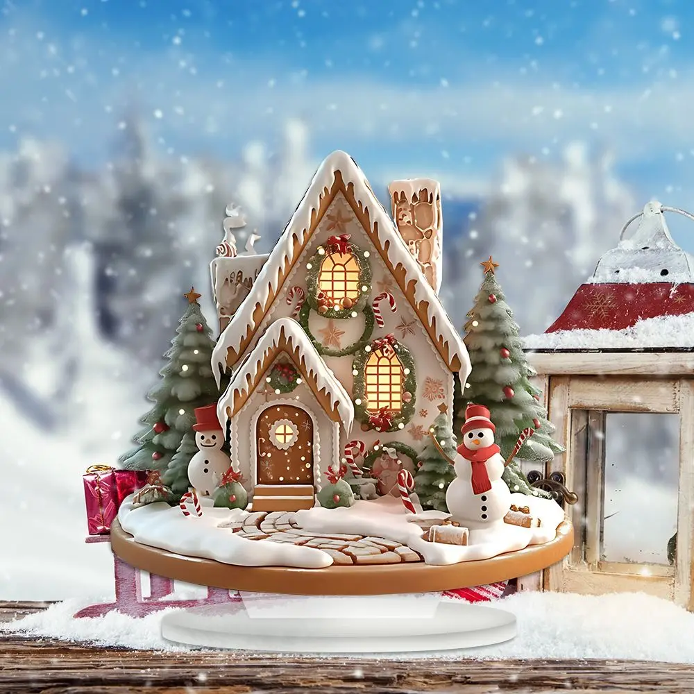 2D Christmas Snow House Statue Cartoon Acrylic Xmas Magic House Figurine Wear Resistant Waterproof Castle Snow House