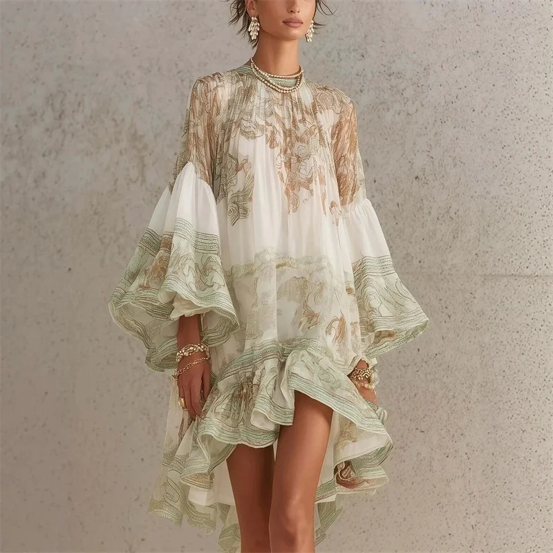 

2026 New European And American Style Printing Lotus Leaf Edge Dress Women's Vacation Style Loose And Elegant Fashion Short Dress