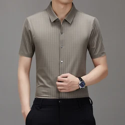 New Men Ice Silk Shirt Striped Luxury Designer Brand Breathable Business Casual 2024 Summer Short-sleeved Tops Camisas De Hombre