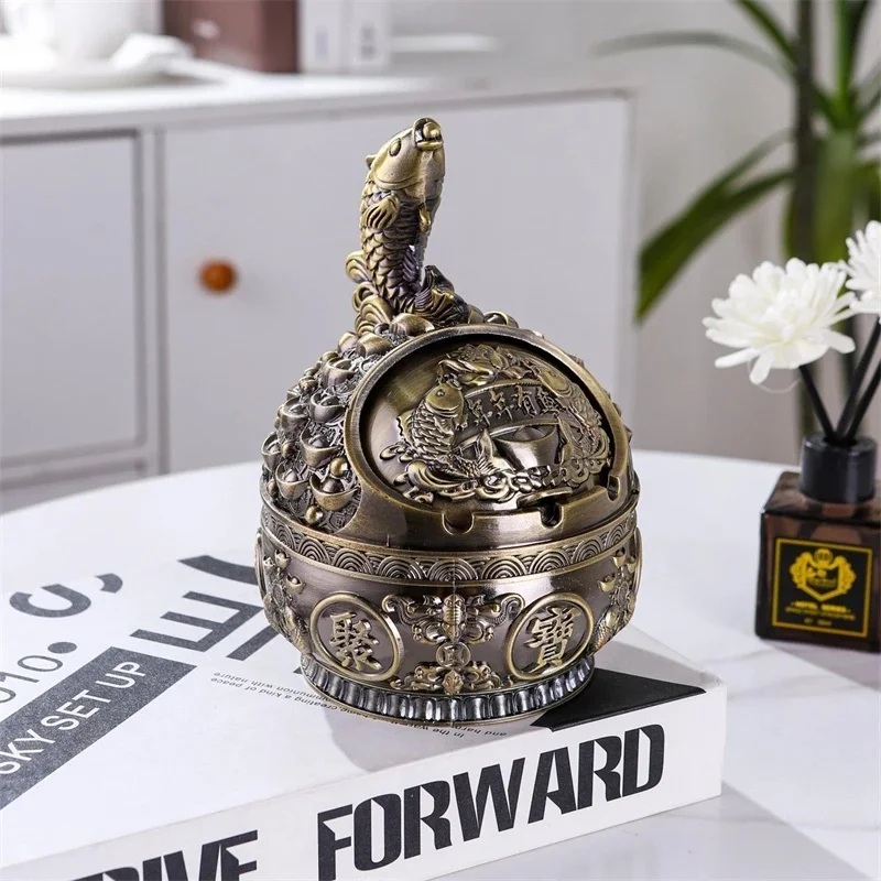 Lidded Metal Ashtray Chinese Zodiac Flip Lid Treasure Bowl Table Decor For Home Office Smokers Gift Lunar New Year Elegant