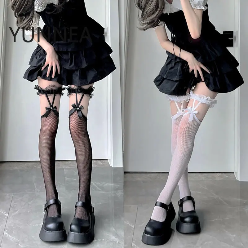 

Sexy Mesh Fishnet Thigh High Stockings JK Lolita Girl Long Socks Stockings Japanese Style Lace Bowknot Suspender Knee High Socks