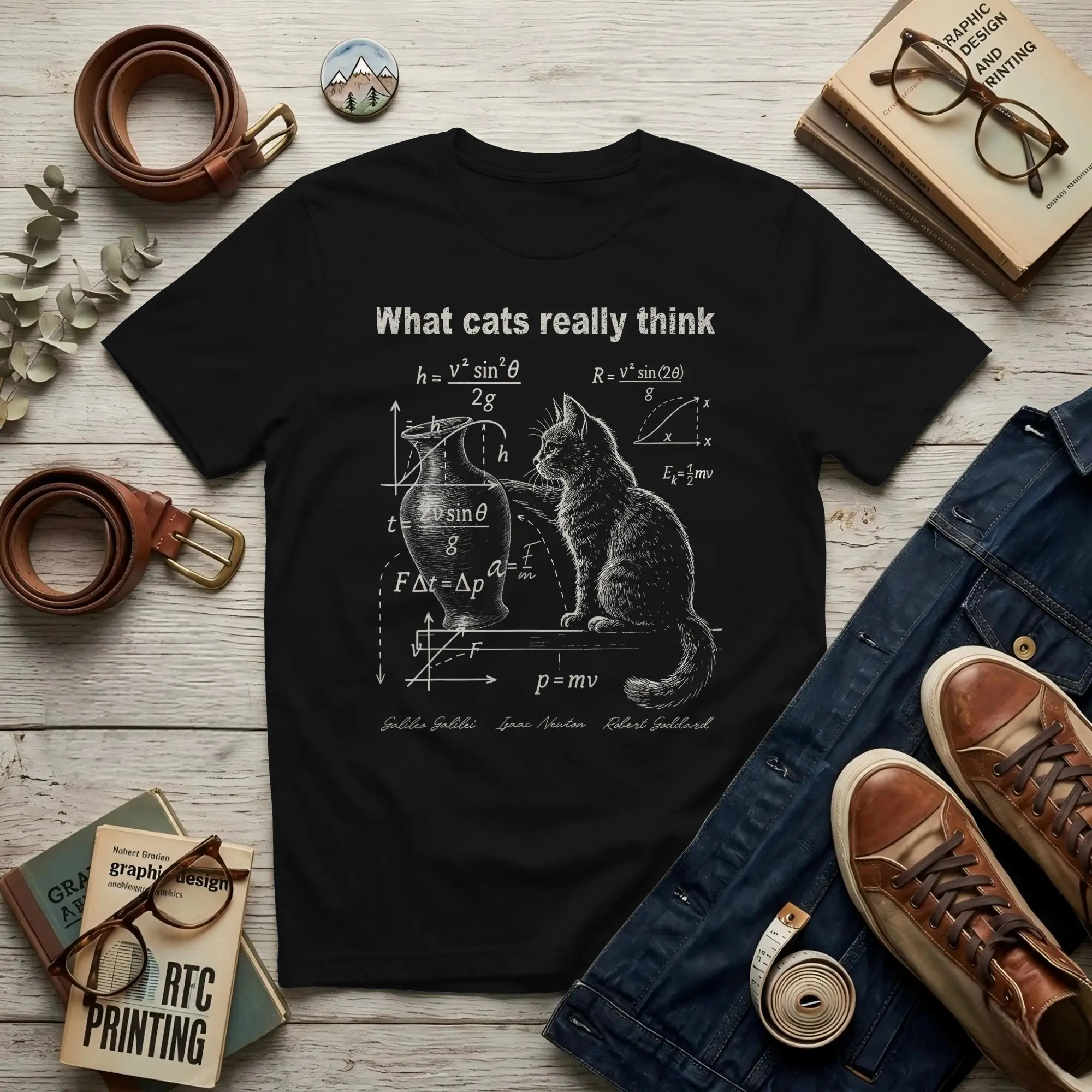 Funny Cat Physics Humor Design Men T Shirts Science Vintage Tee Shirt Short Sleeve Round Neck Cotton Birthday Gift Tops T-Shirt