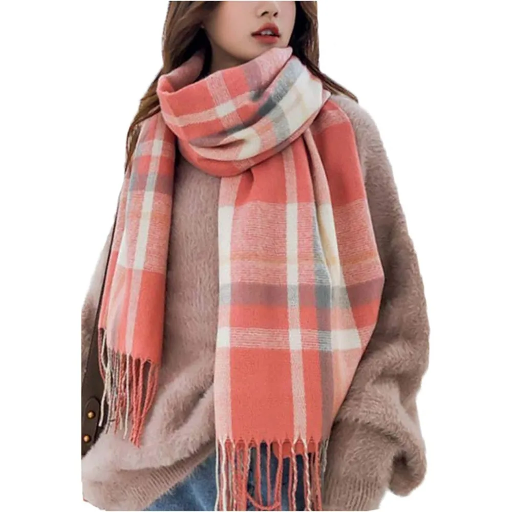 여성용 패션 스카프 롱 숄 겨울 두꺼운 따뜻한 니트 대형 체크무늬 스카프