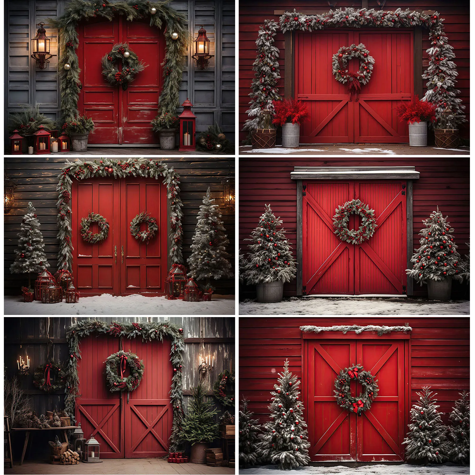 

Winter Red Wooden Barn Door Photography Background Outdoor Snow Scene Xmas Tree Kids Family Portrait Party Decoration Backdrop