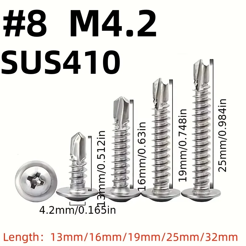 # 8 M4.2 selbstschneidende Blechschrauben, 410-Edelstahl-Flachkopf, hochfeste, schnell schneidende Tek-Schrauben, Drehmasse an Metall