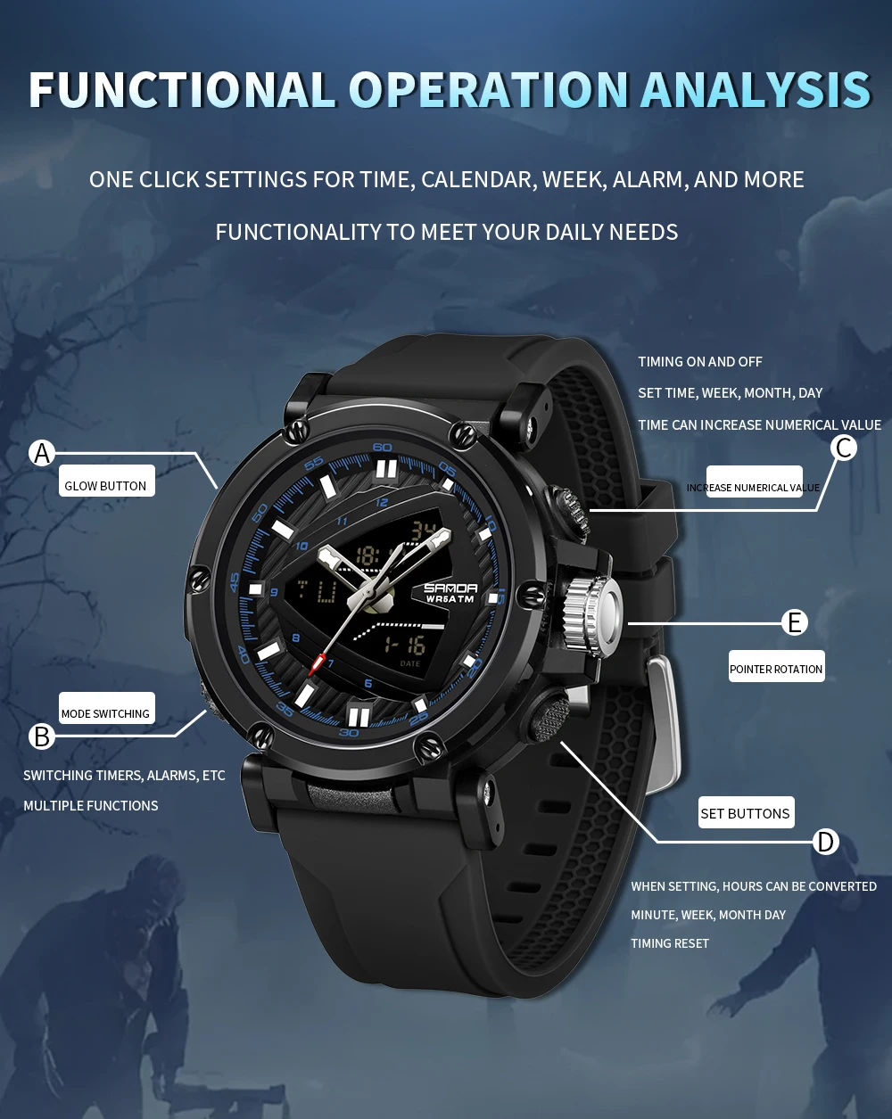 SANDA 9052 Fashion Men's Electronic Watch Sport Multi functional Waterproof Men's Digital Watch Relogio Masculino