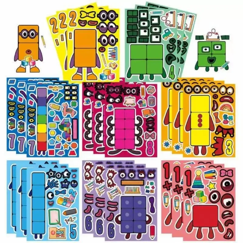 8pcs/set  Digital Building Cute Puzzle Fun Stickers Cartoon Building Stationery Decor DIY Face Stickers Decal for Luggage Bottle