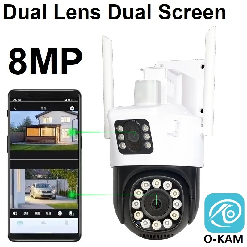 8MP 4K Outdoor Camera WiFi Two Lenses Double Lense Ai Human Detection Security Protection Waterproof Wireless IP Camera O-KAM