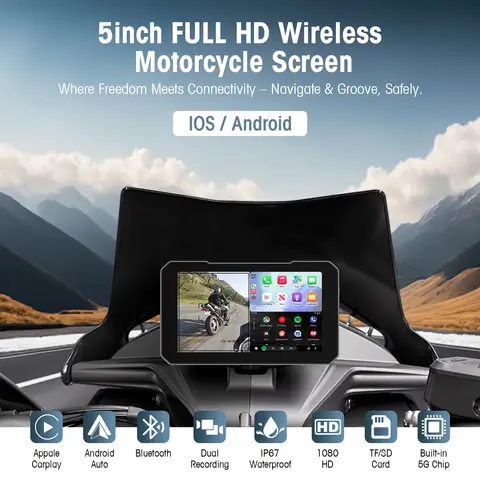 5 Inch IP67 Waterproof Motorcycle Touch Screen with Wireless CarPlay Android Auto Dual Camera Recorder and Fast Boot Navigation