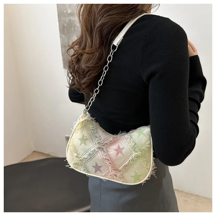 Damen-Tragetasche mit Sternmuster, blauem Distressed-Design, goldfarbene Hardware, stilvolle Handtasche, Umhängetasche für den täglichen Gebrauch – Detail 14