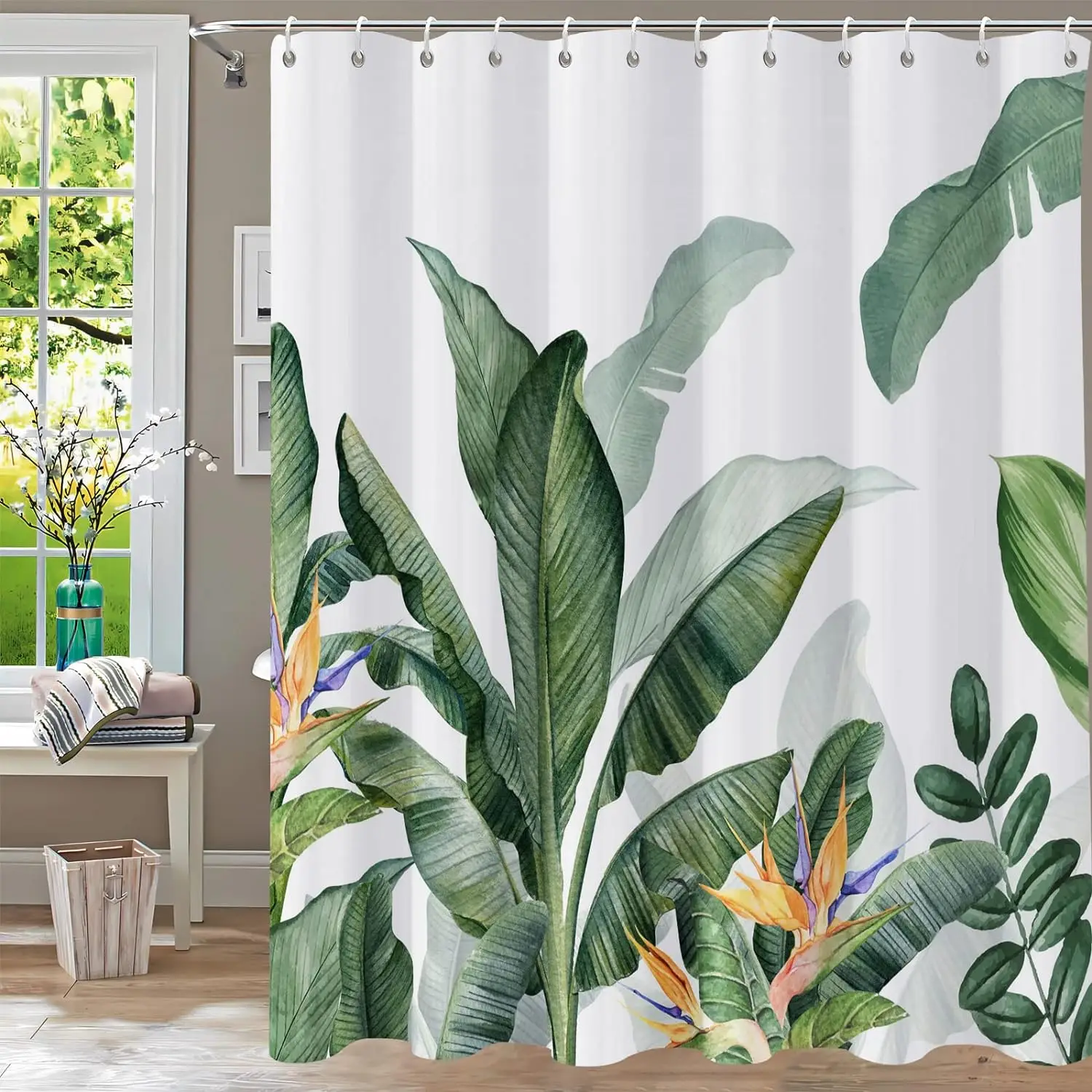 Cortinas de ducha sin olor para baño, decoración con ganchos, hojas verdes tropicales, planta sobre fondo blanco