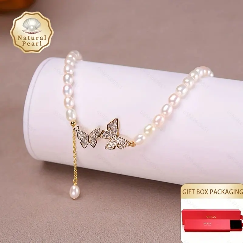 

Mufan Jewelry Gift Box Set 4-5mm White Rice-Shaped Natural Freshwater Pearl Necklace with Butterfly Element
