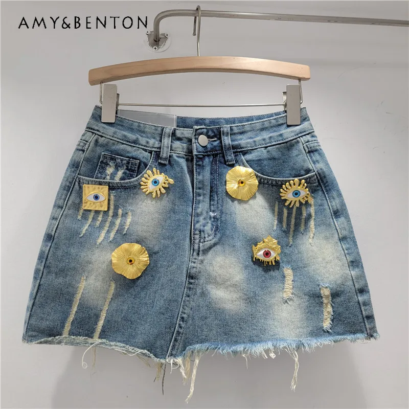 

Fashionable Heavy Craft Retro High-waisted Slimming A-line Mini Denim Skirt Popular Versatile Sweet Cute Short Skirts For Women