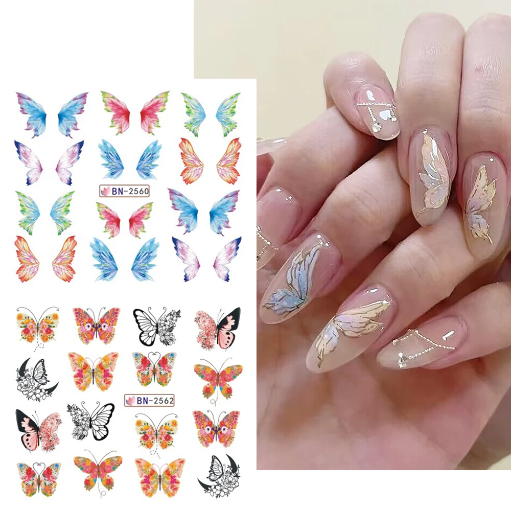 Schmetterling Wasser Nail Art Aufkleber Frühling bunte Schmetterling Blumen Blätter Transfer Schieber für Maniküre Dekorationen NLBN2557-2568