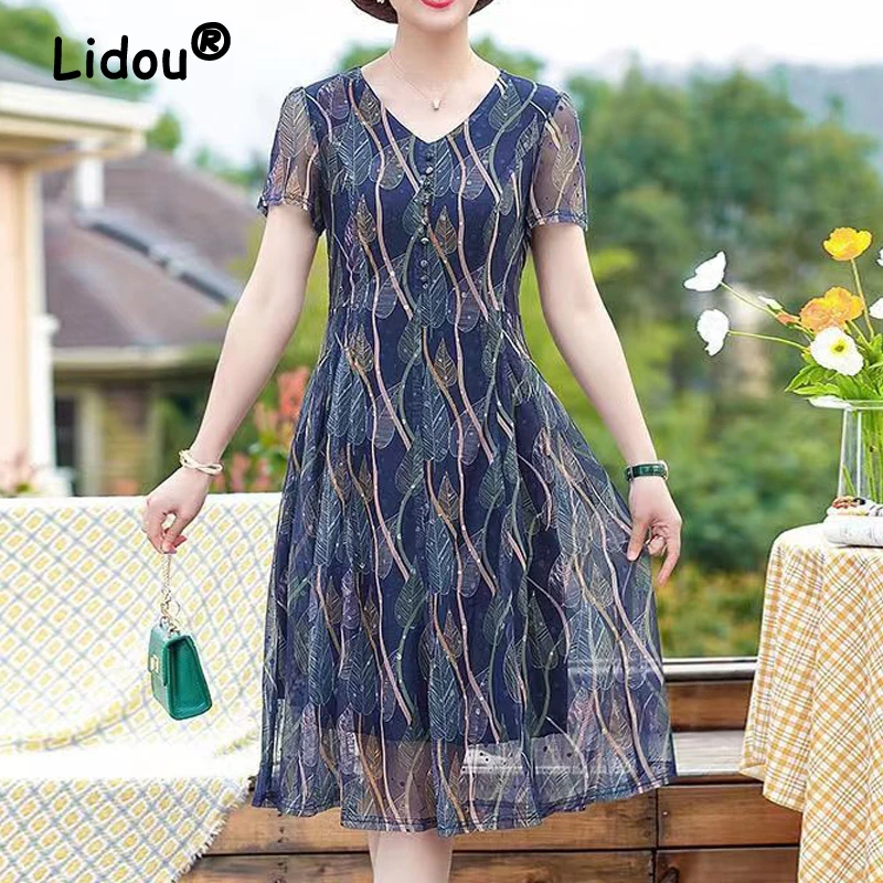 

Summer Chiffon Dress Female Vestidos 2022 Casual Short Sleeve V Neck Printed Elegant Temperament Mother Dress 5XL Women Clothing