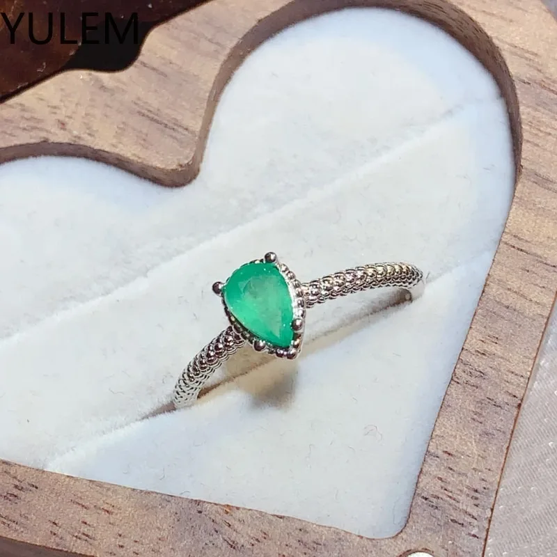 

YULEM 925 Sterling Silver Water Drop Natural Emerald Emerald Adjustable Ring for Women Fashion Jewelry