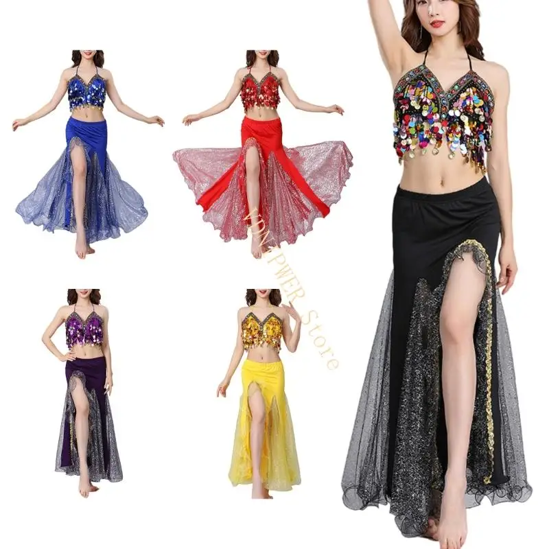 Zwarte rekbare buikdansoutfit gloeiende verfraaiingen Fringe Design Stage Show Ensemble D08E