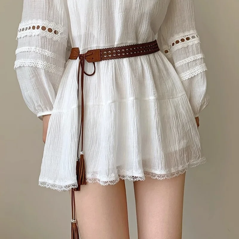 Ethnic Style Hand-Woven Women's Wide Dress Retro Easy Matching Han Chinese Clothing Accessories Decorative Brown Belt