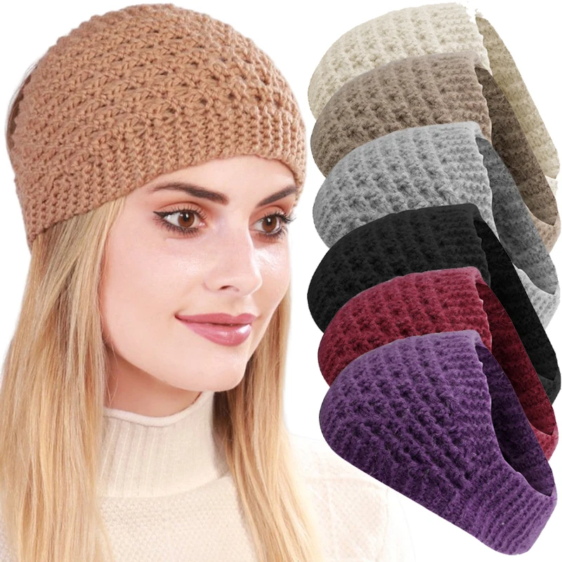 Unisex Autumn Winter Warm Wool Knitted Soft Headbands Neckerchief Winter Wide Edge Headscarf Solid Outdoor Windproof Hair Band