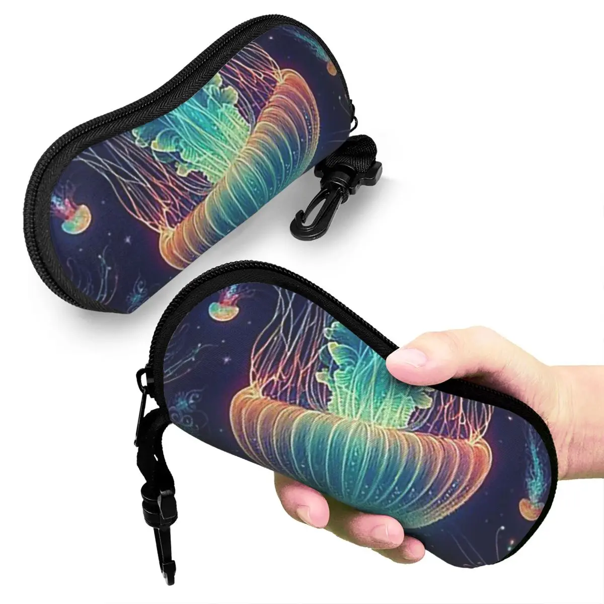 Luminescent Rainbow Jellyfish On Navy Blue Shell Glasses Case Protector Sunglasses Box Women Men Soft Eyeglasses