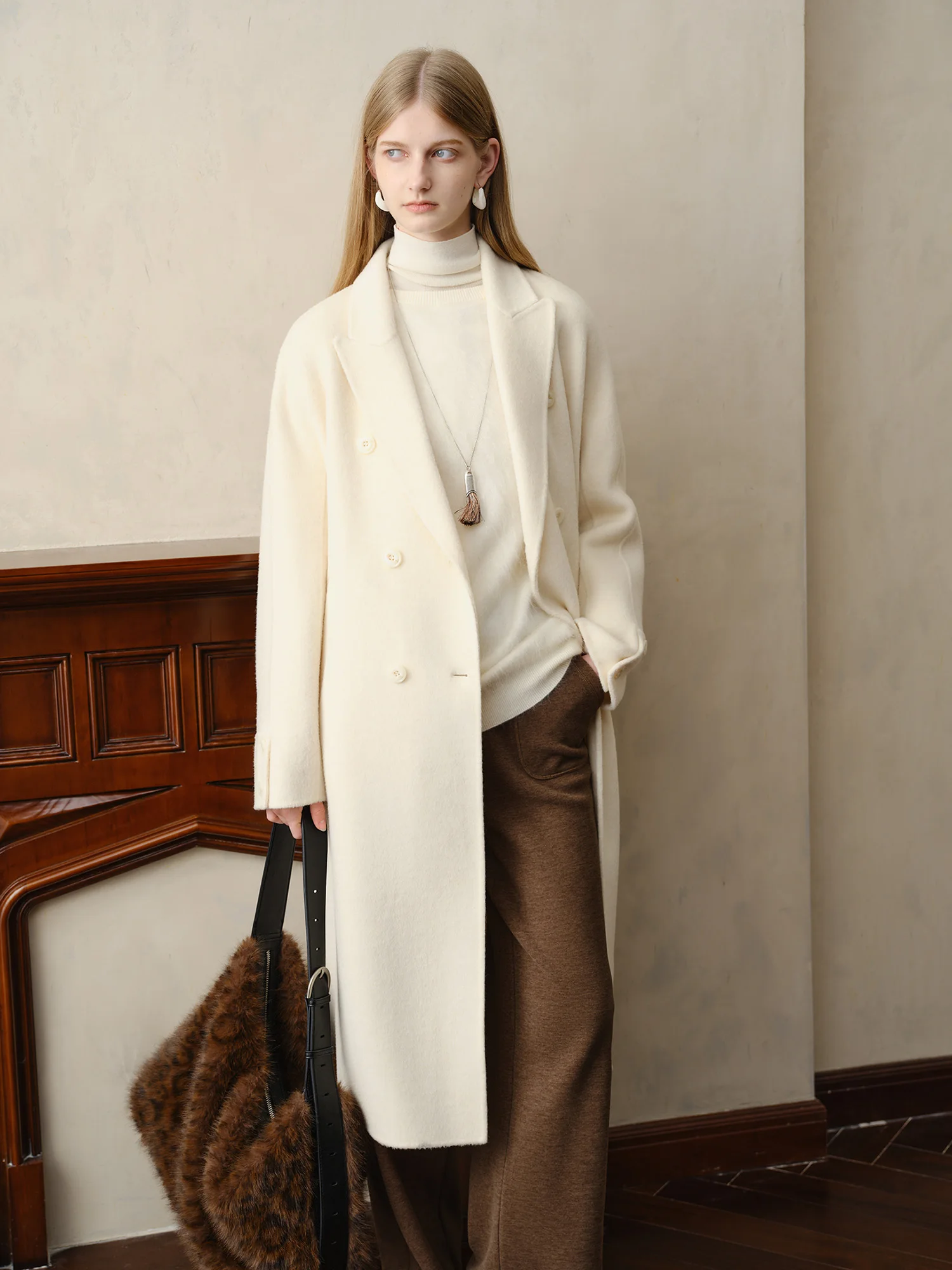 ZIQIAO White Double-faced Wool Coat Women 2025 New Korean Style Woolen Coat Knee-length Straight Loose Fit Classic