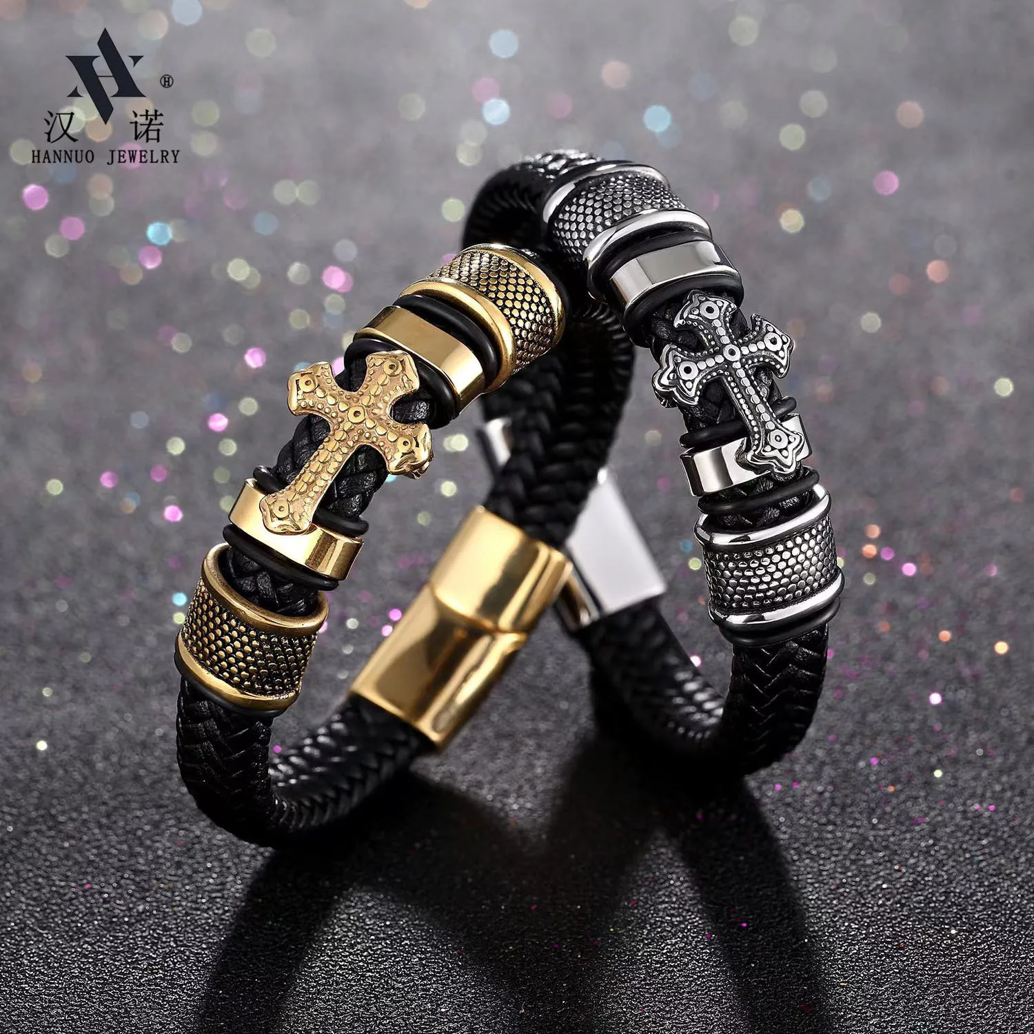 

BestsellerLeather Cross Bracelet with Genuine CZ Rhinestones Hip Hop Woven Design Unisex Minimalist Stackable Daily Wear Jewelry