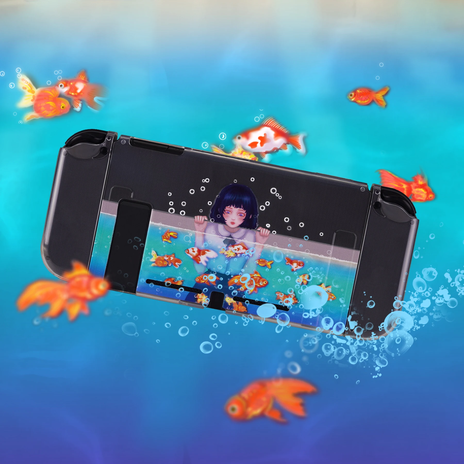 PlayVital Soft TPU Slim Protective Shell do Nintendo Switch z kolorowymi nakładkami na przyciski kierunku ABXY - przezroczysta dziewczyna w akwarium