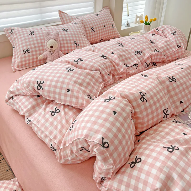 Princess Bowknot Bedding Set NO Filler Pink Grid Lattice Duvet Cover Bed Flat Sheet Pillowcases Girls Bedclothes INS Bed Linens