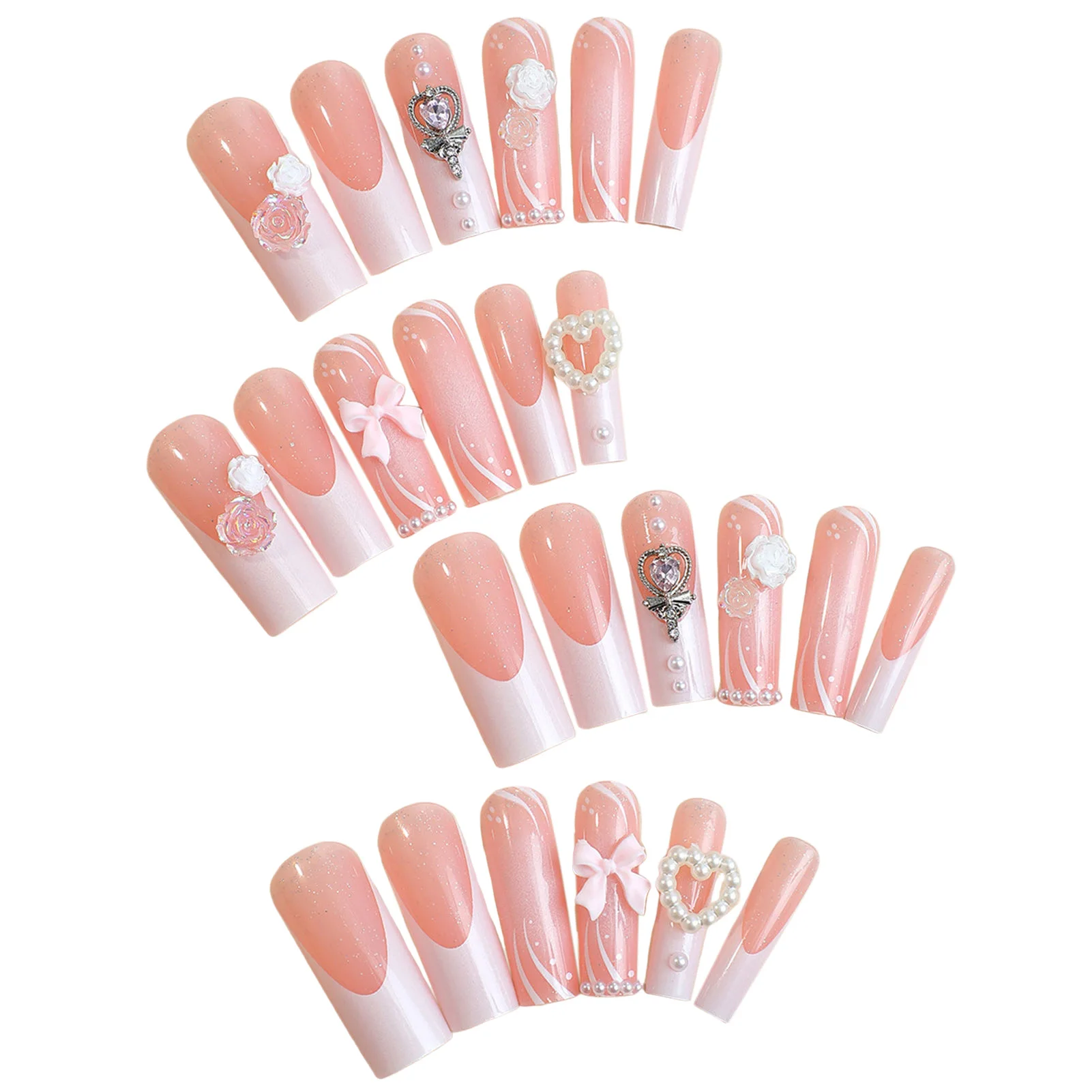 24pcs Sweet Pink Press-on Nail Flower Pearl Crystal Ornament Reusable Artificial Nail for Hand Decoration Nail Art