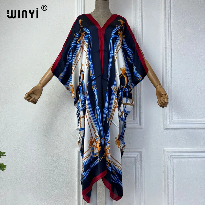 WINYI Summer african V-neck dress Printed beach wear women 2024 Loose Femme Robe Muslim beach cover ups silk feel evening dress