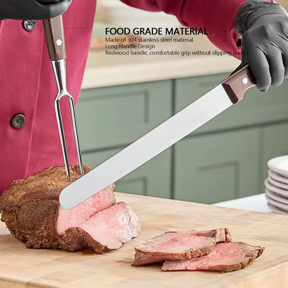 Long Stainless Steel Long BBQ Fork Redwood Handle Durable Meat Turner Fork Long Handle Barbecue Grilling Fork For Grilling