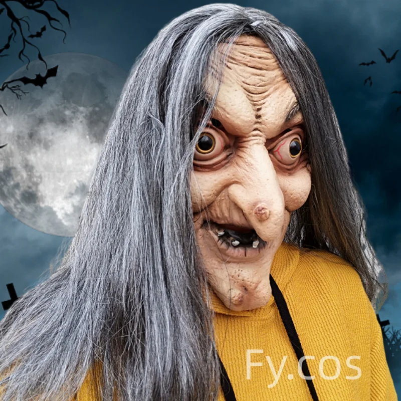 Cubierta de cabeza de bruja de pelo largo para Halloween, máscara de anciano, fiesta de Cosplay, Casa Encantada, accesorios de miedo, tocado de látex de cara completa para adultos