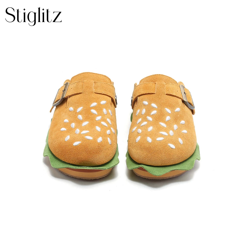 Pantofole per Hamburger per uomo novità stile Designer muli in pelle scamosciata calzature Slip-On Creative chiusure metalliche pantofole nuovi