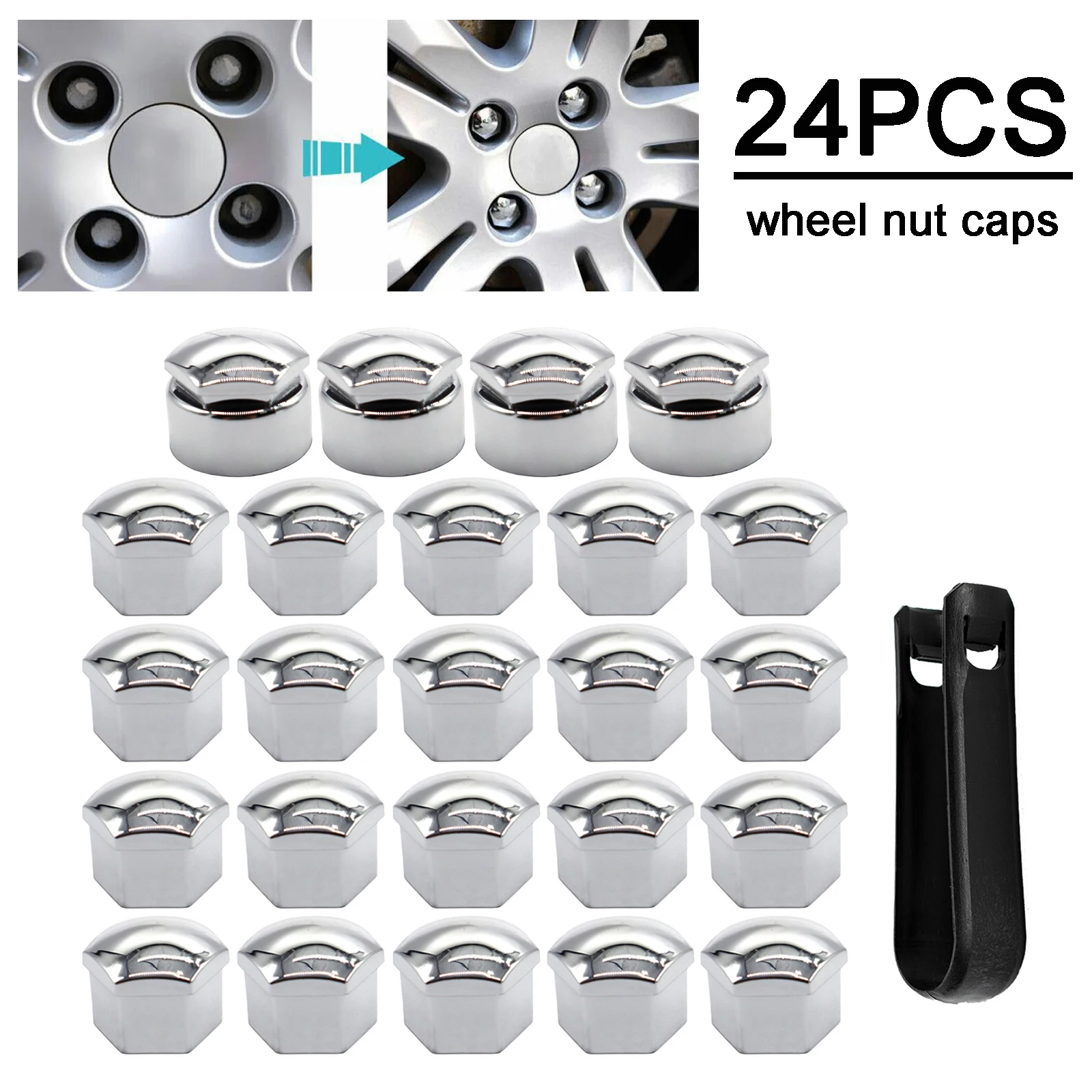 24pcs 17MM Car Chrome Wheel Nut Caps Protector Hub Tighten Screws Covers Tyre Nut Bolts Outward Decoration Studs Guard Vehicle