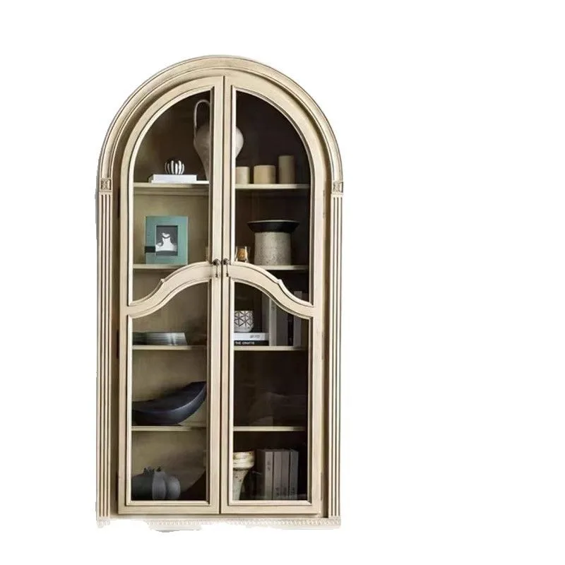 

Double door solid wood arched cabinet tempered glass wine cabinet bookcase