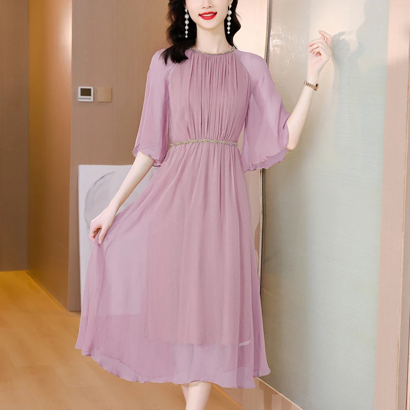 Silk Dress Women\'s Summer 2023 New Style O-Neck Short Sleeve Skirt Silk Belt Waist Slim Solid Color Knee Length Dress