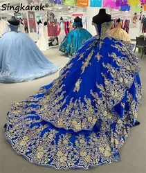 Vestido de quinceañera azul real brillante, hombros descubiertos, apliques de lentejuelas, cuentas, corsé, vestido de baile hinchado, vestido de graduación personalizado, 2024