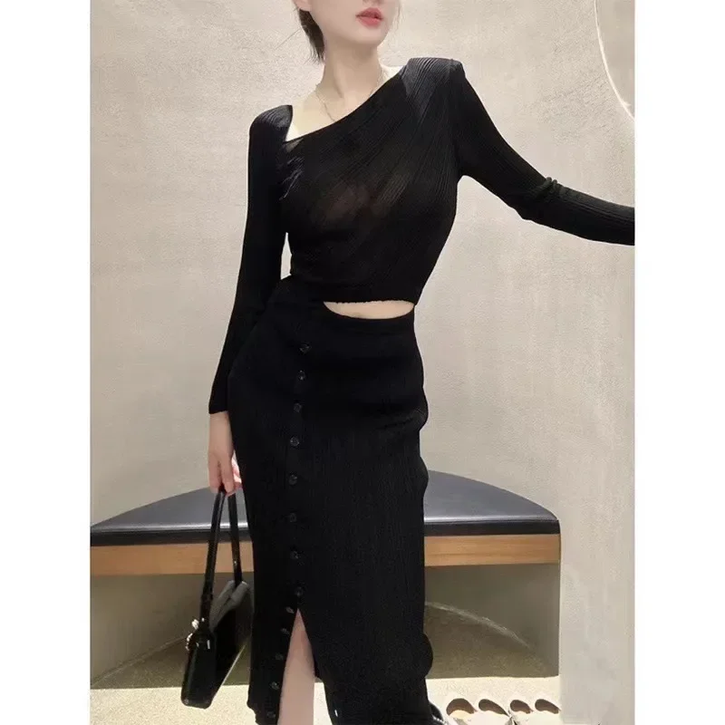 

2023 summer new women's black slim dress fake two pieces slit waistless sexy evening birthday party maxi dress female