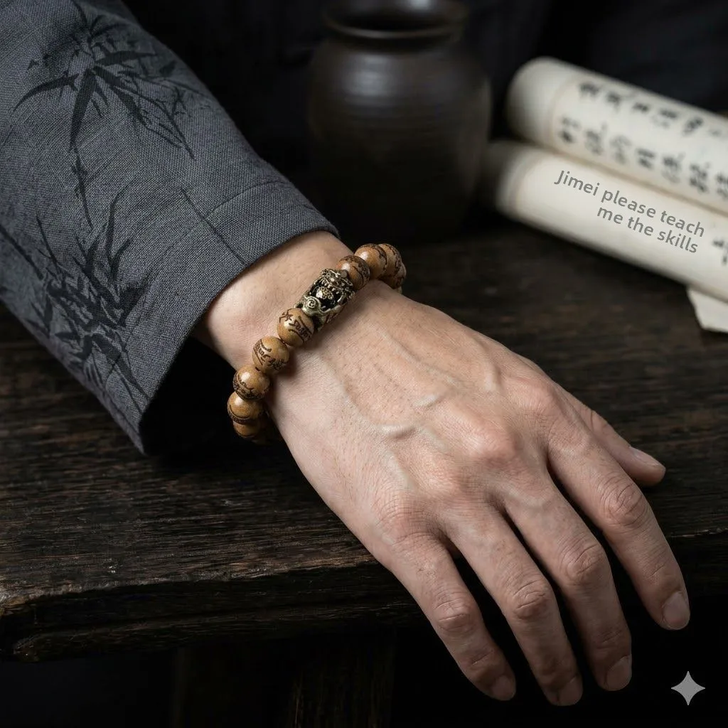 Chinese Traditional Thunder Struck Jujube Wood Beaded Bracelet Hand Carved Pixiu Taoism Prayer Beads For Men Women Good Luck Wea