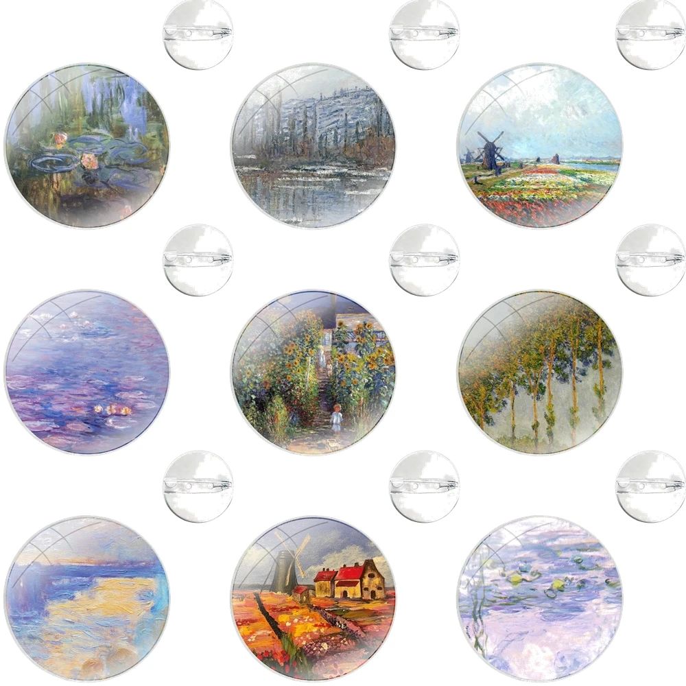 Claude Monet Impressionism French Glass Dome Brooches Badge Pins For Clothes Hat Shirt Lapel Bag