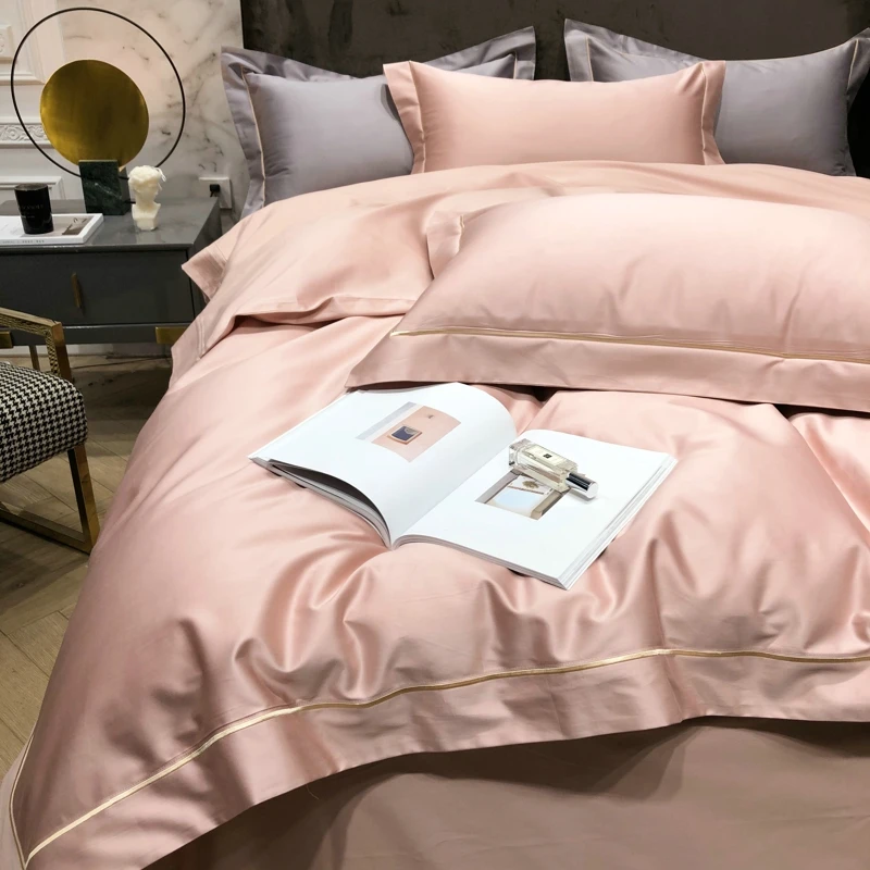 2023 new four-piece bedding simple cotton double household bed sheet quilt cover embroidered comfortable solid pale pink color