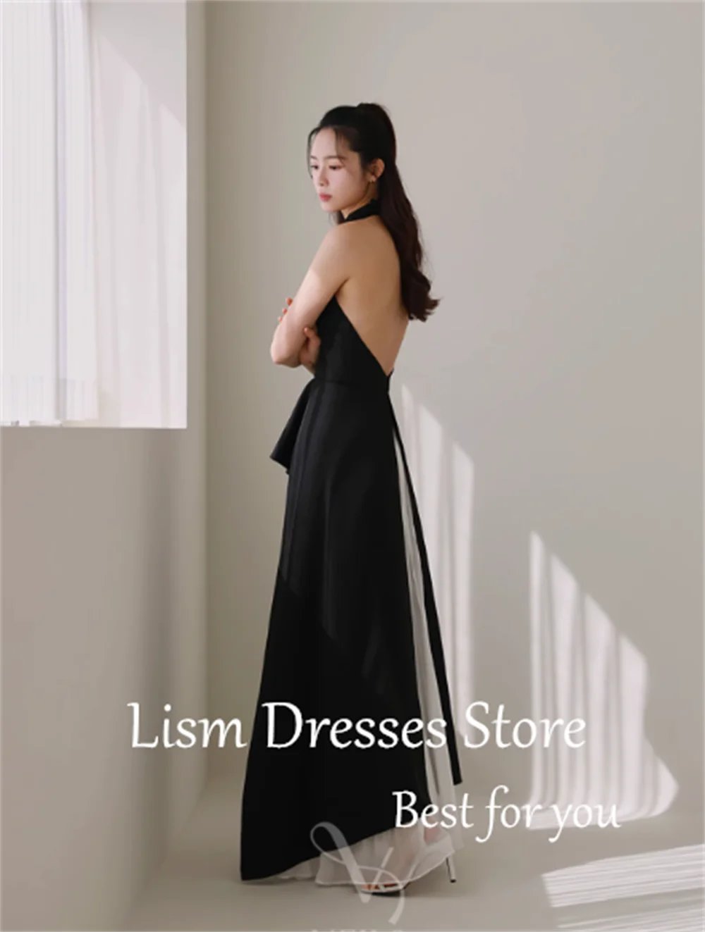 LISM Black Elegant Backless Evening Dresses High Collar Sleeveless A-line Bridal Gown Floor-Length Wedding Reception Dresses