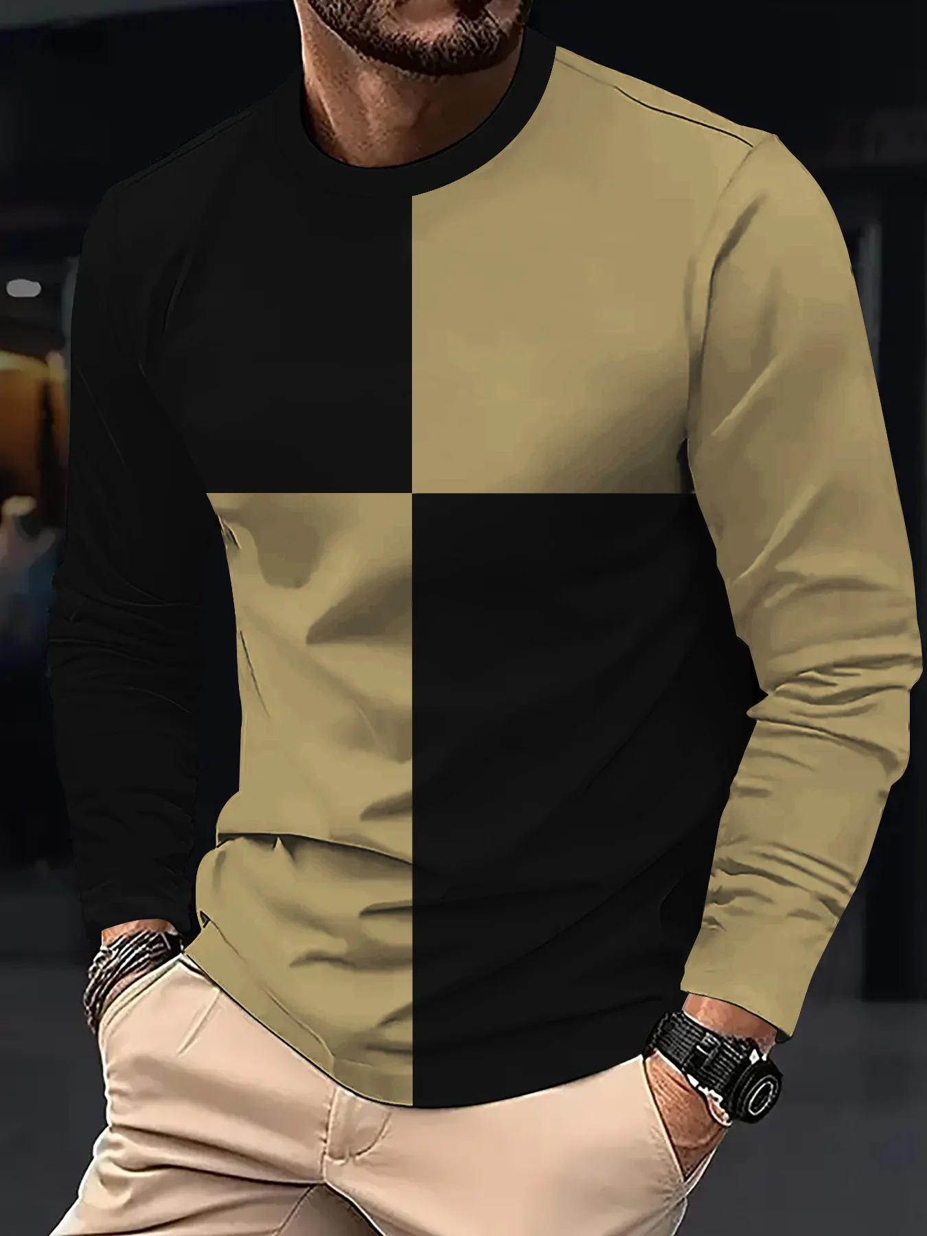 Autumn men's long sleeved T-shirt Black and white spliced T-shirt Cotton Comfortable Round Neck T-shirt Versatile men's clothing