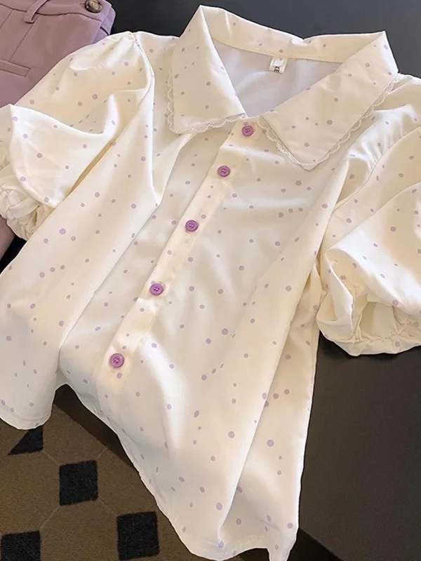 

Qii Sweet Girl Polka Dot Lace Splice irt Women's Summer Thin Ele Top Original Design Straight Cut Polyester Fiber