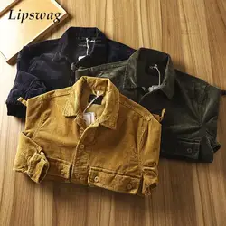 Vintage Lapel Buttoned Cargo Jackets Mens Corduroy Solid Color Long Sleeve Ribbed Coats For Men Spring Autumn Fashion Cardigans