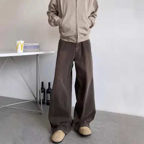 빈티지 청바지 남성 디스트레스드 편안한 스트레이트 와이드 레그 캐주얼 바지