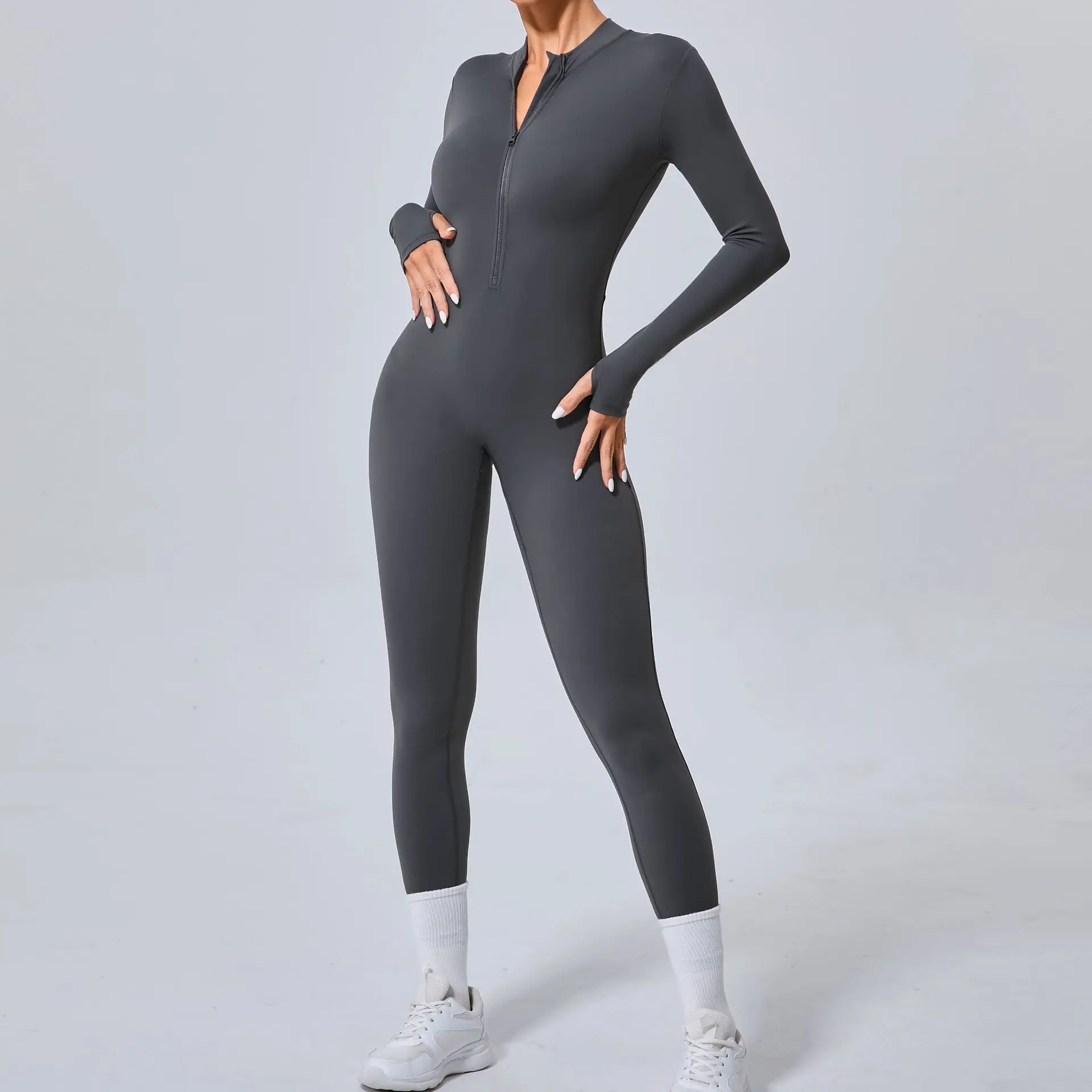 Women Half‑Zip Yoga Jumpsuit No Built‑In Bra Finger Hole Design Tight One‑Piece Fitness Gym Workout Bodysuit