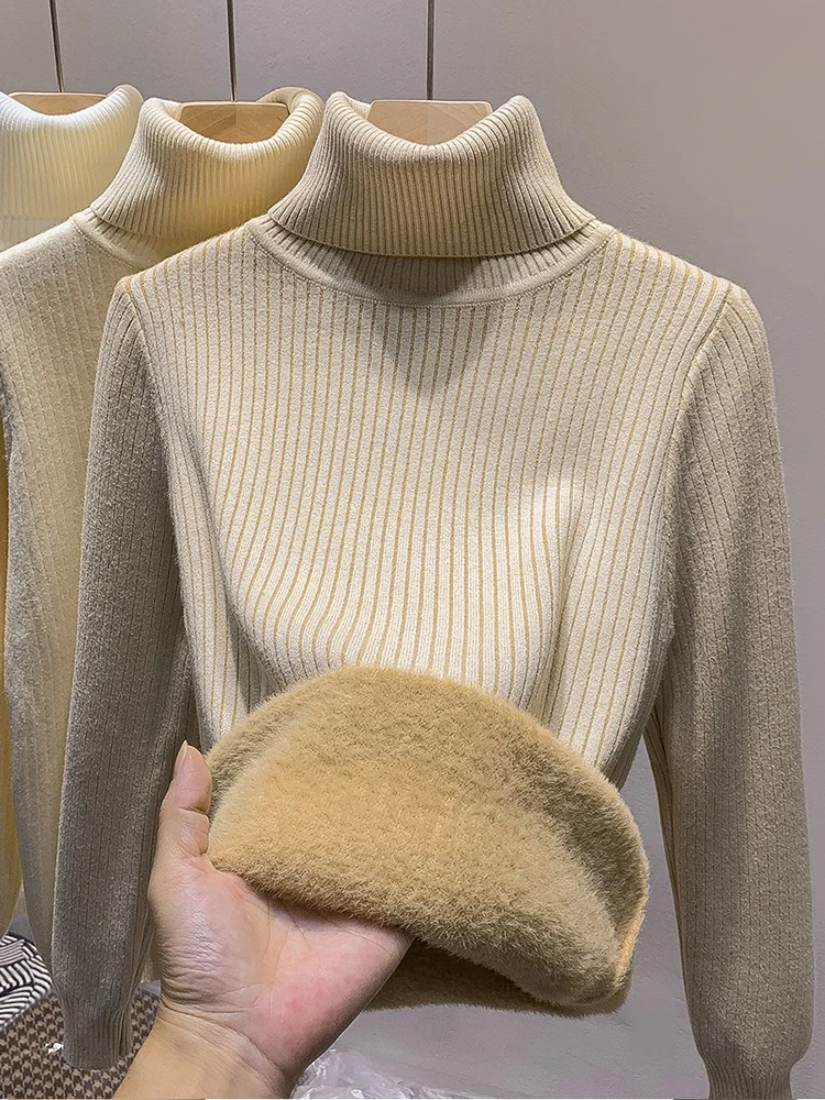 Casual Slim Turtleneck Sweater New Winter Thicken Warm Knit Pullover Tops Women Soft Fleece Lined Knitwear Jumper Big Stretch